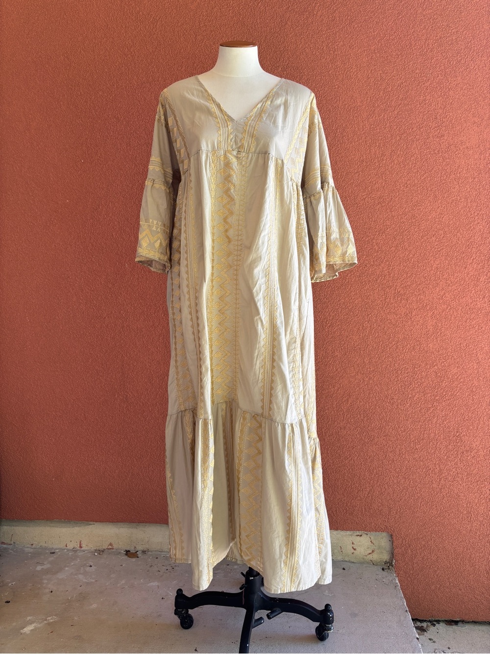 Boho Beige Maxi Dress with Gold Embroidery